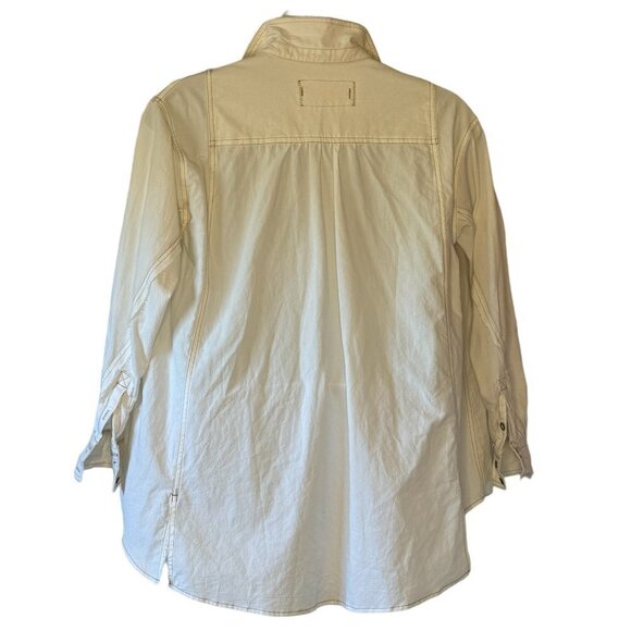 Free People Oversized Shirt Jacket Cream with Tan Exposed Stitching Raw Seams  S - Picture 4 of 11